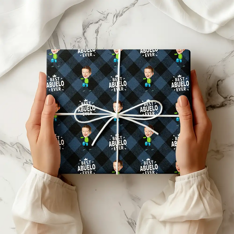 Gift For Grandpa,Gift For Father,Happy - Custom Photo Best Grandpa Ever Plaid Checkered Pattern - Personalized Wrapping Paper