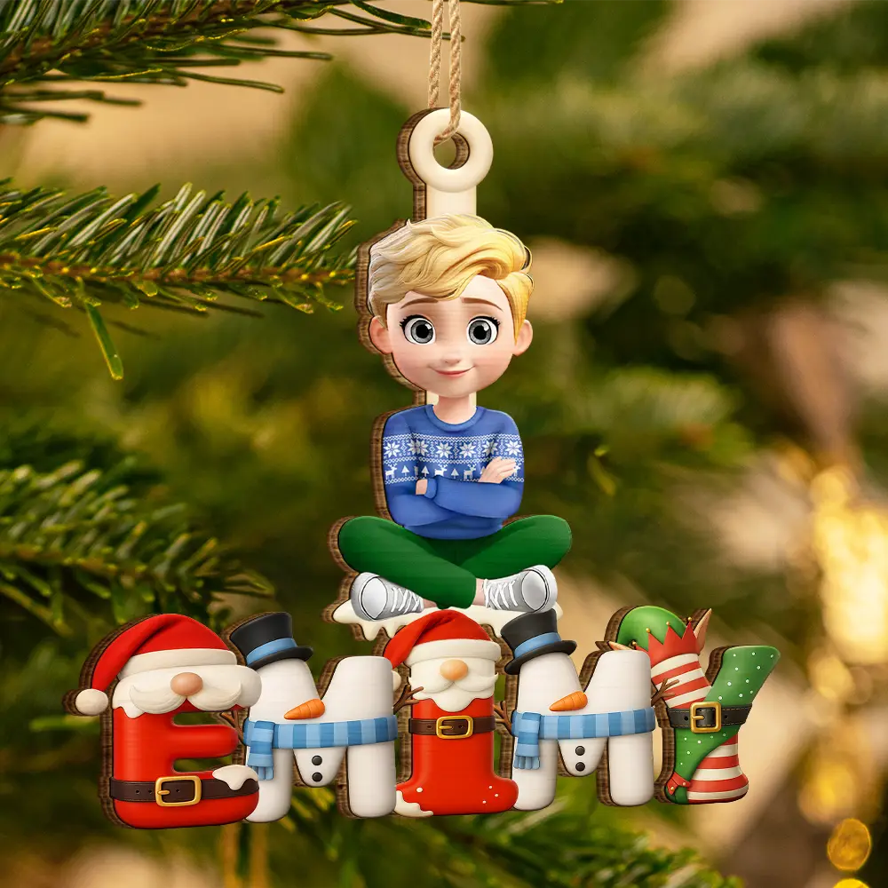 Christmas,Family,Happy - Christmas Pattern Effects With Names - Personalized Custom Shaped Wooden Ornament