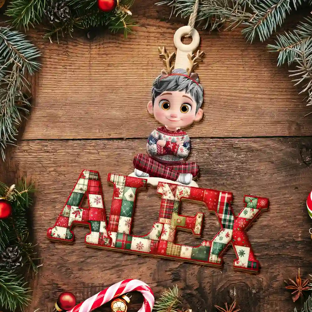 Christmas,Family,Happy - Christmas Pattern Effects With Names - Personalized Custom Shaped Wooden Ornament