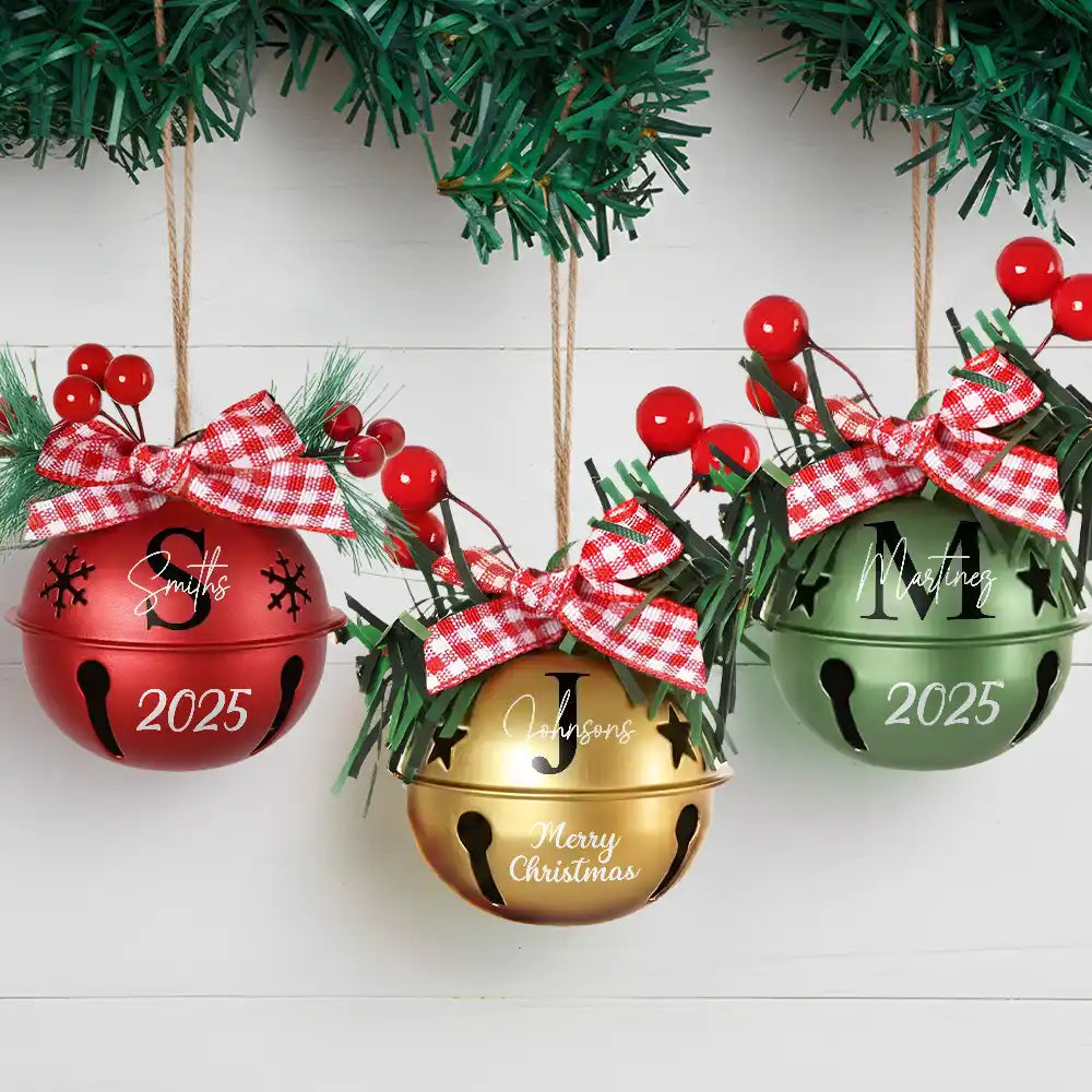 Christmas,Family,Happy - Christmas Bell With Monogram Name - Personalized Jingle Bell Ornament