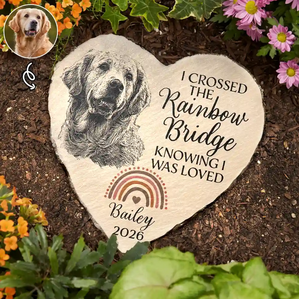 Love,Cat Lovers,Pet Lovers,Dog Lovers,Memorial - Custom Photo Pencil Sketch I Crossed The Rainbow Bridge Knowing I Was Loved - Personalized Heart Memorial Garden Stone