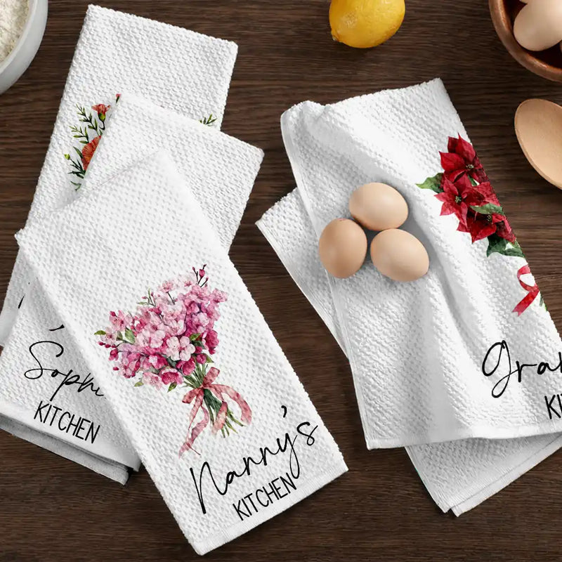 Gift For Wife,Gift For Mother,Gift For Grandma,Happy - Mom Grandma Kitchen Watercolor Birth Flower Bouquet - Personalized Kitchen Towel