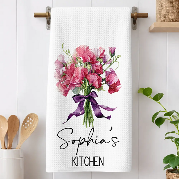 Gift For Wife,Gift For Mother,Gift For Grandma,Happy - Mom Grandma Kitchen Watercolor Birth Flower Bouquet - Personalized Kitchen Towel