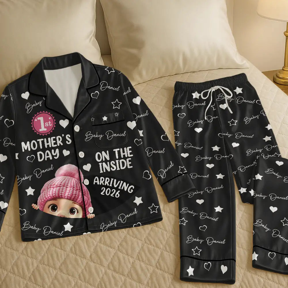 Pregnant Mom,Happy,Expecting Dad - Baby First Year On The Inside With Mom - Personalized Satin Pajama Set