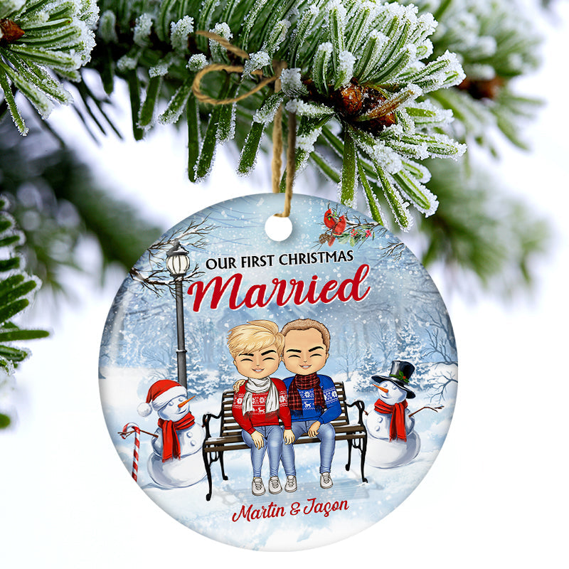 Christmas Family Chibi Couple Our First Christmas Together - Gift For Couples - Personalized Custom Circle Ceramic Ornament