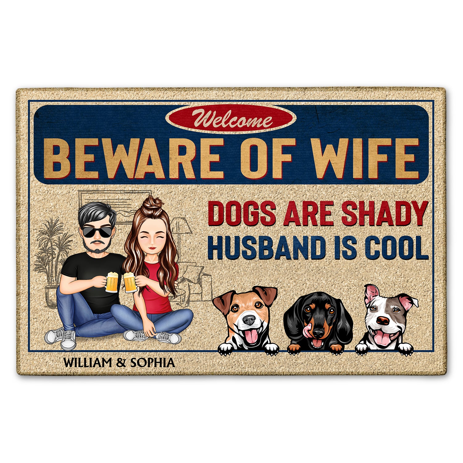 Beware Of Wife Dogs Cats Are Shady Husband Is Cool - Anniversary, Birthday, Home Decor Gift For Husband, Wife, Couple, Pet Lovers - Personalized Custom Doormat