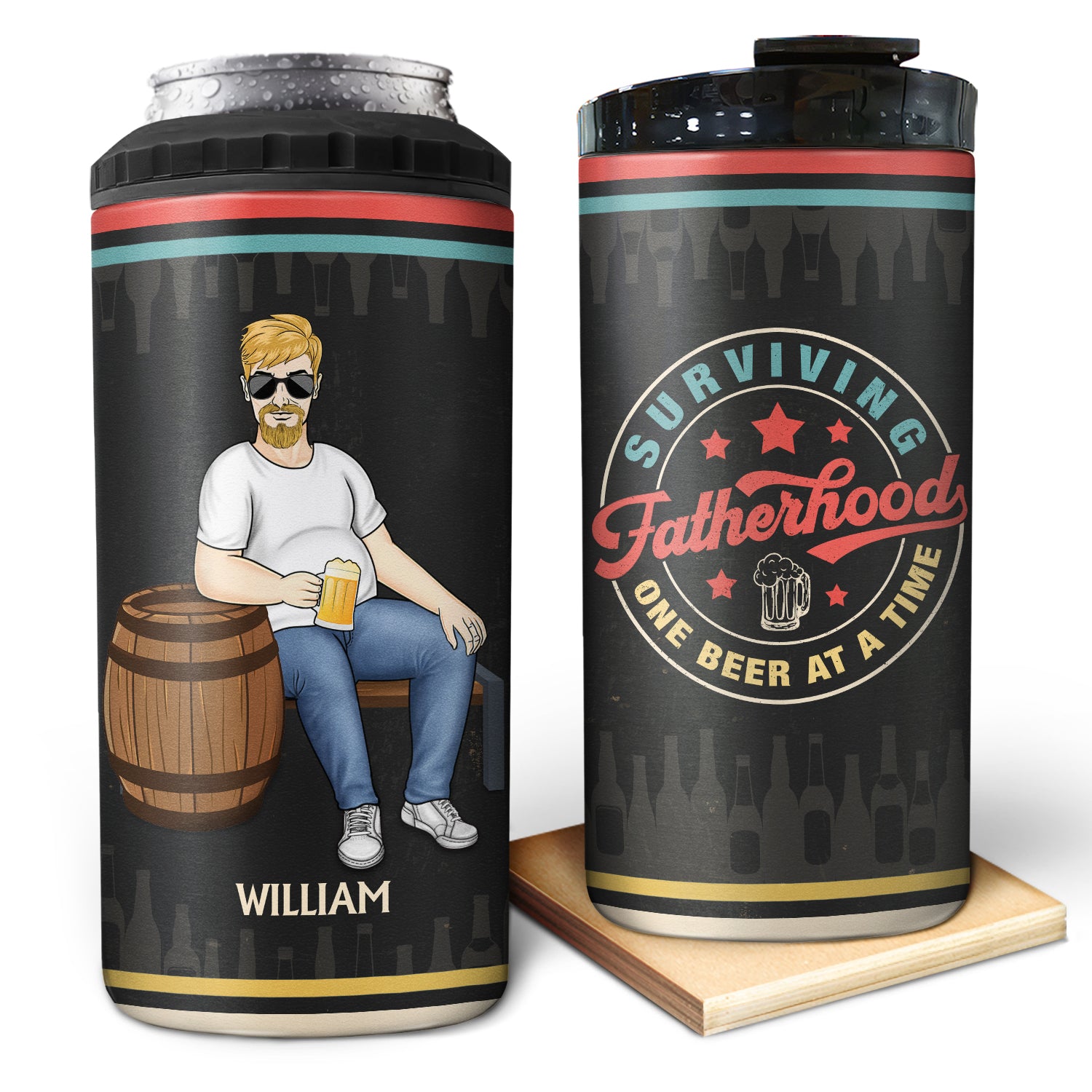 Surviving Fatherhood One Beer At A Time - Birthday Gift For Dad, Grandpa - Personalized Custom 4 In 1 Can Cooler Tumbler