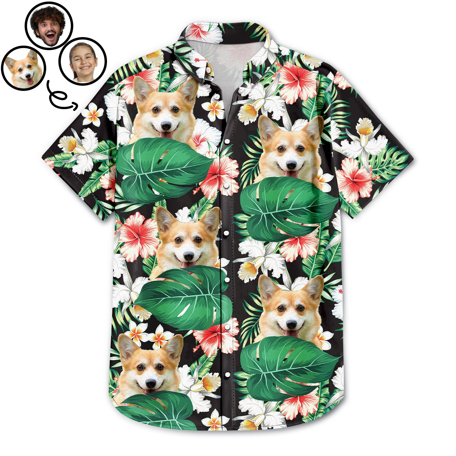 Custom Photo Black Tropical Funny Family Pet Face - Gift For Men, Best Friends, Siblings, Dog And Cat Lovers - Personalized Custom Hawaiian Shirt