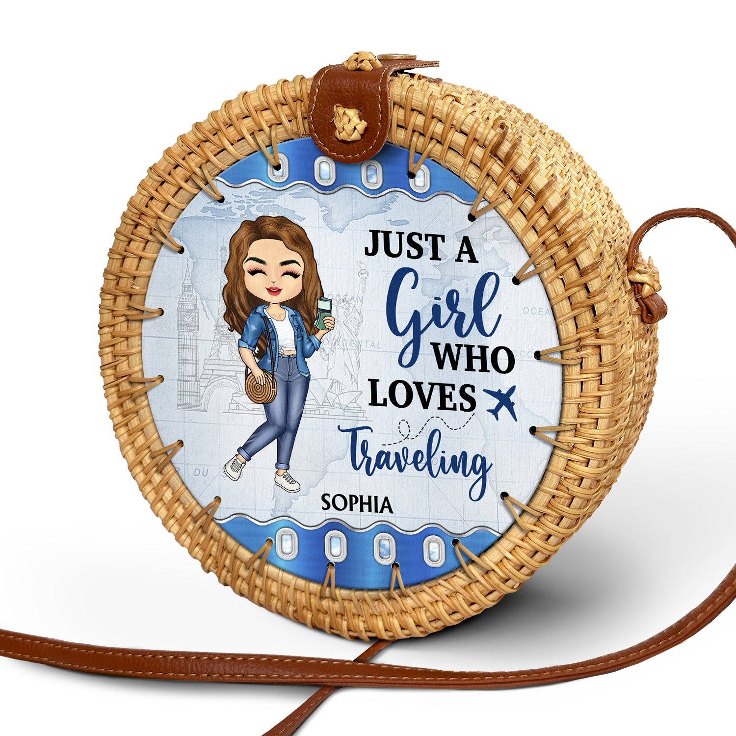 Just A Girl Who Loves Beach Traveling Cruising - Gift For Travel Lovers - Personalized Custom Round Rattan Bag