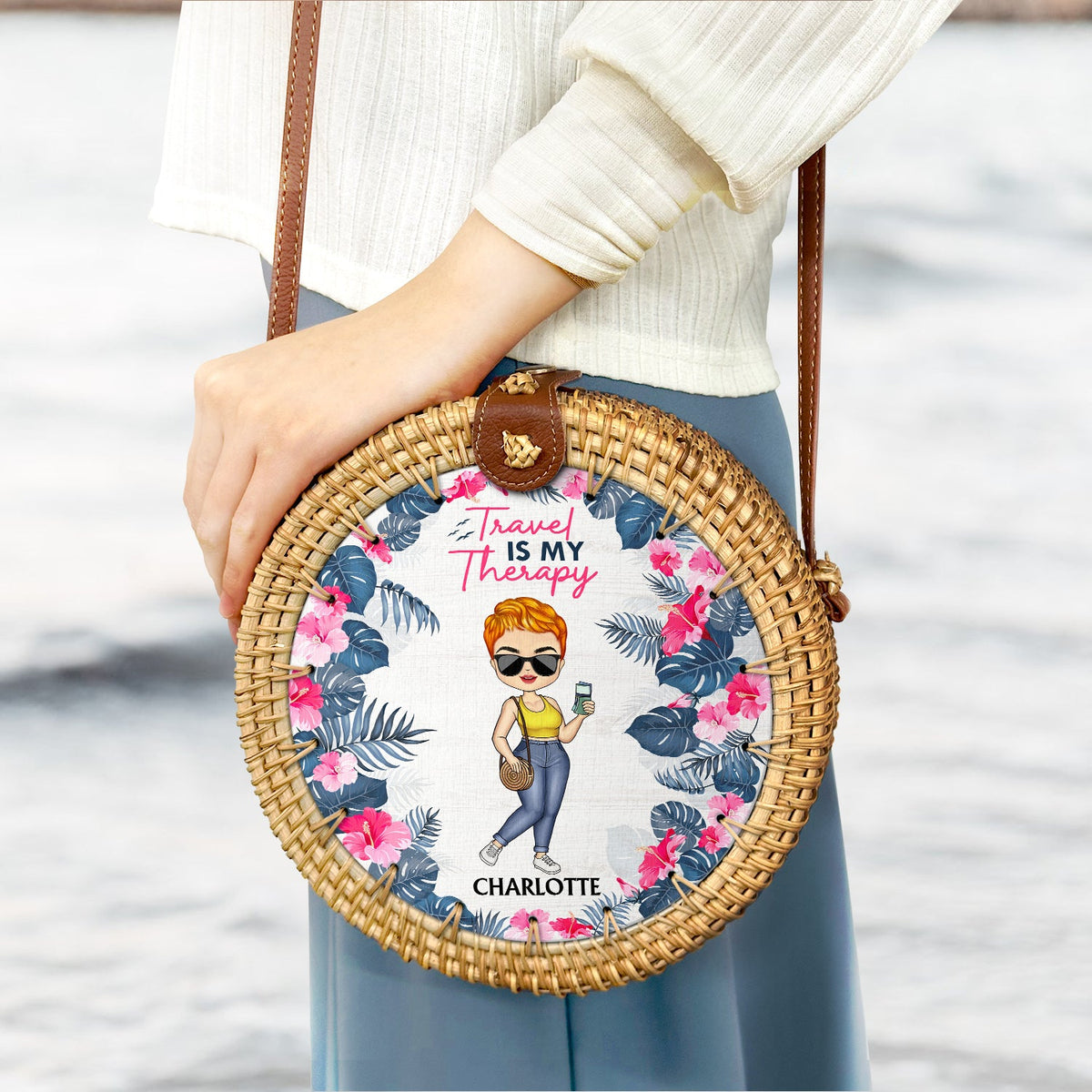 Mode vacances à la plage activé - Cadeau pour elle, passionnée de voyages - Sac rond en rotin personnalisé