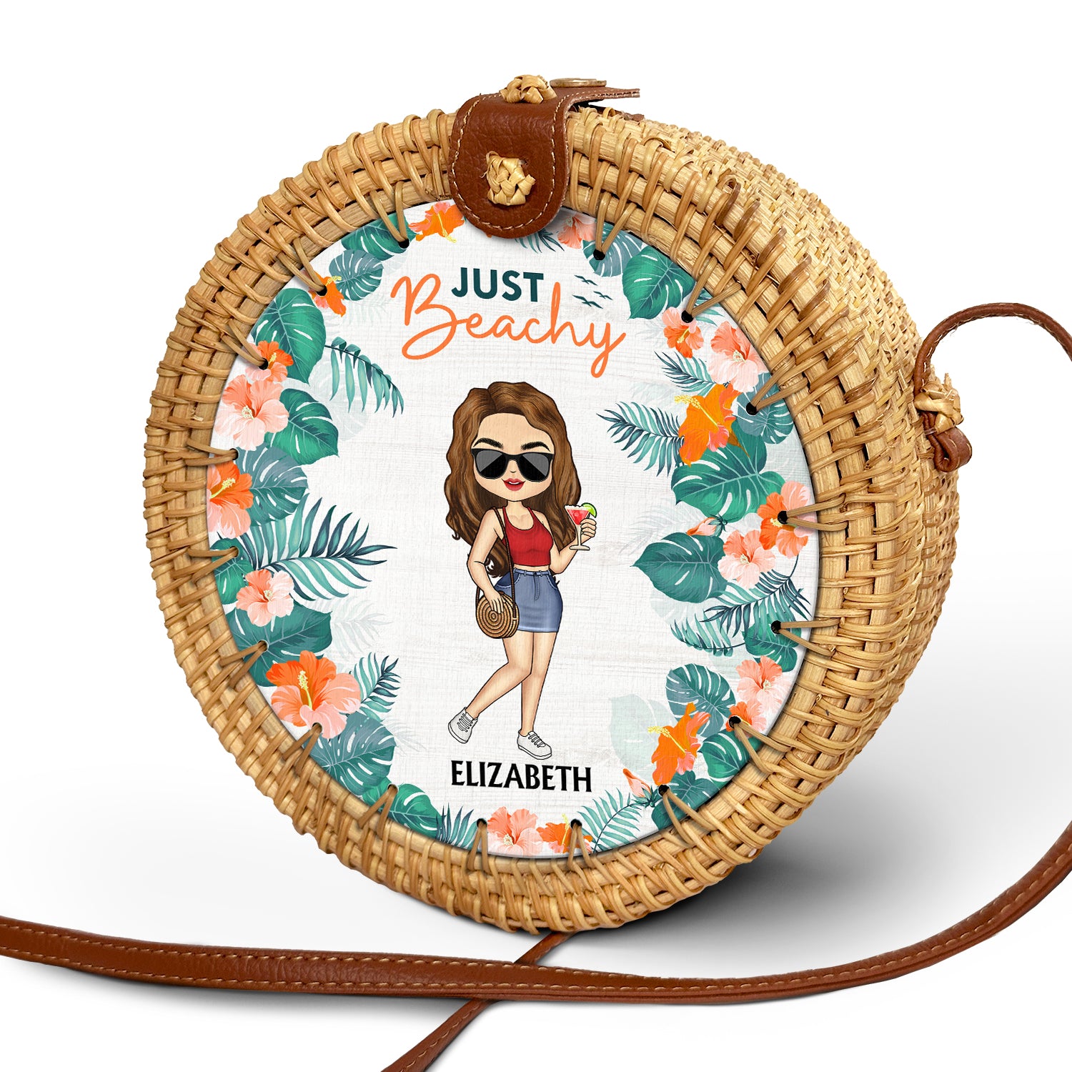Just Beachy Vacation Mode On - Gift For Her, Travel Lovers - Personalized Custom Round Rattan Bag