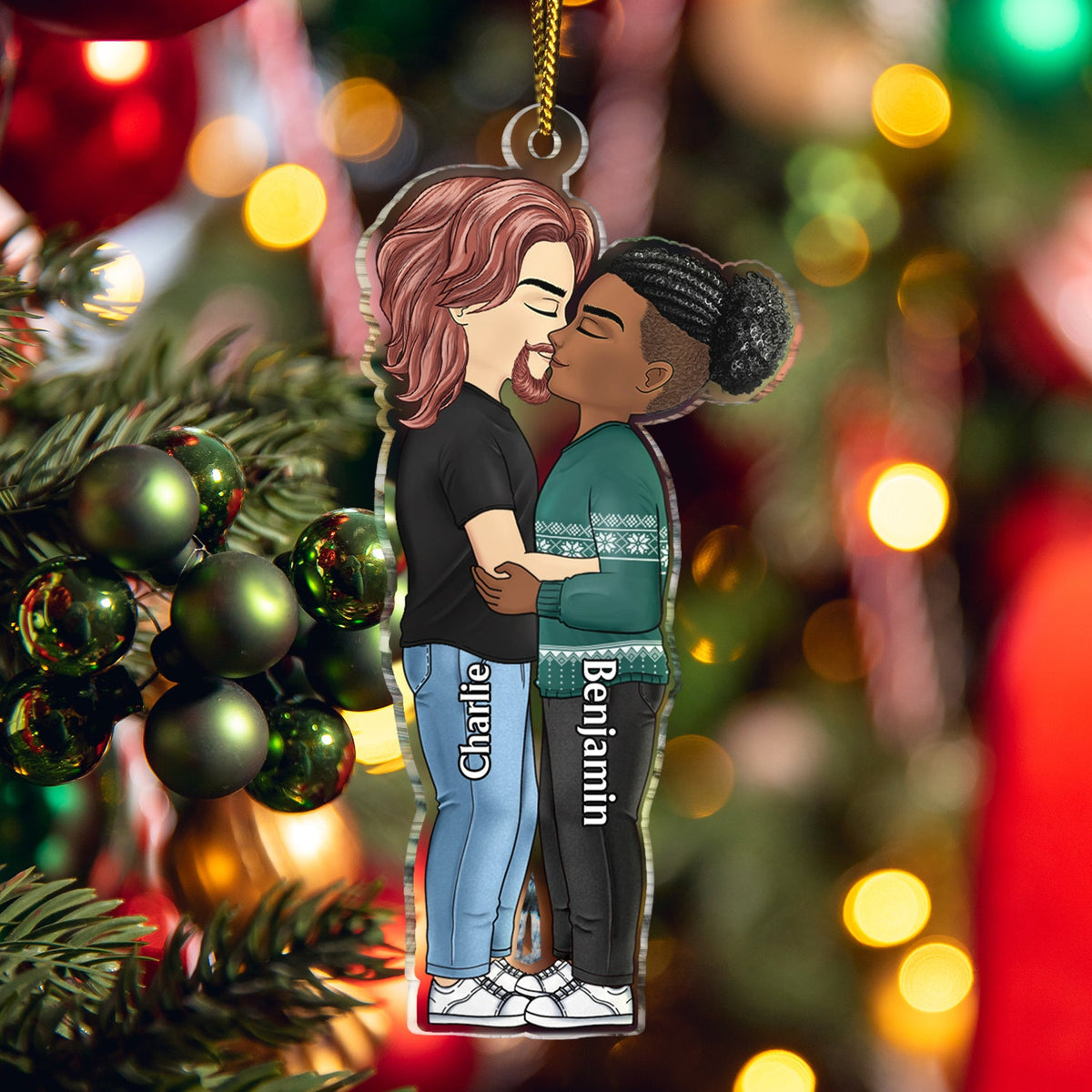 Couple Chibi s'embrassant - Cadeau de Noël pour amoureux, mari, femme, couples - Décoration acrylique découpée personnalisée