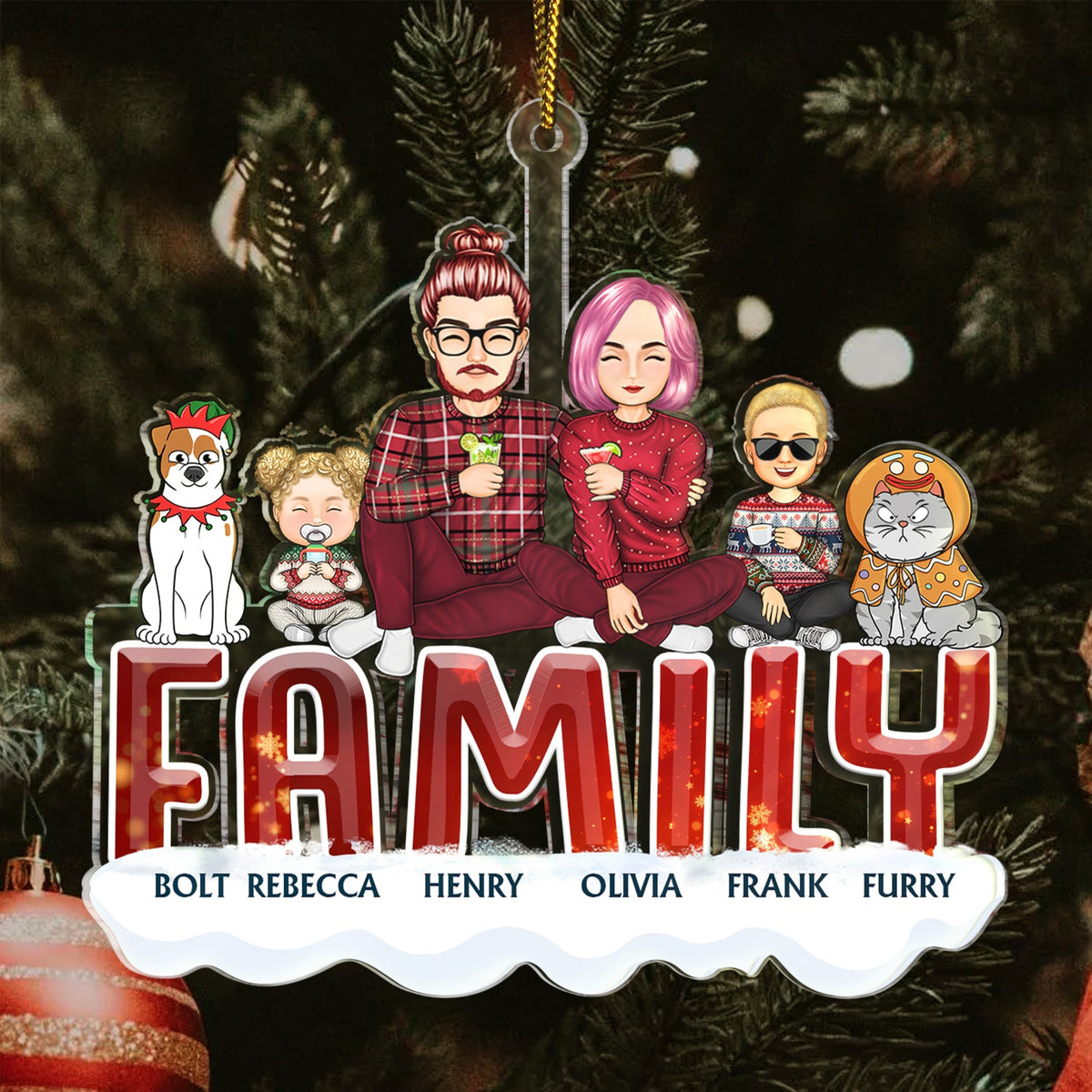 Famille amusante - Cadeau de Noël pour couples, famille, parents, amoureux des animaux - Décoration acrylique découpée personnalisée
