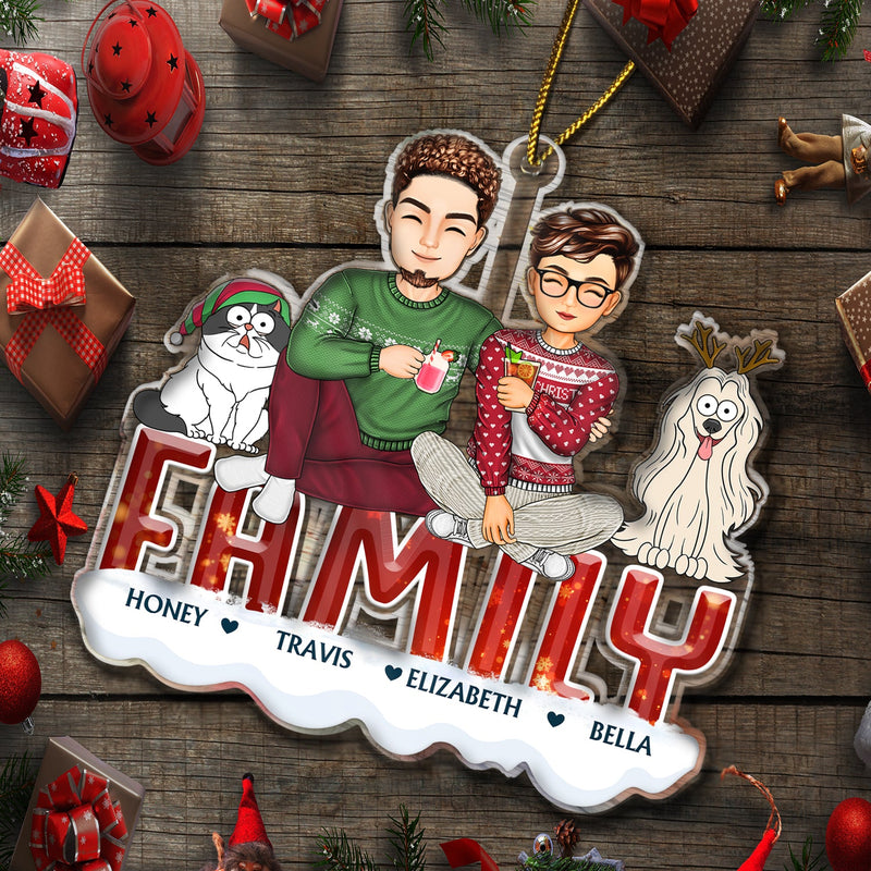 Famille amusante - Cadeau de Noël pour couples, famille, parents, amoureux des animaux - Décoration acrylique découpée personnalisée