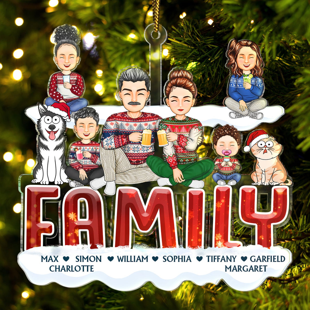 Famille amusante - Cadeau de Noël pour couples, famille, parents, amoureux des animaux - Décoration acrylique découpée personnalisée