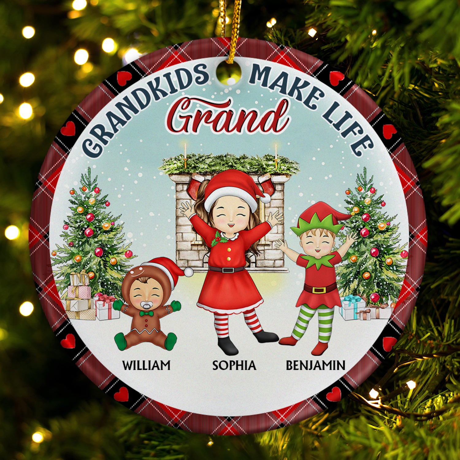 Grandkids Make Life Grand - Christmas Gift For Grandpa, Grandma, Grandparents - Personalized Circle Ceramic Ornament
