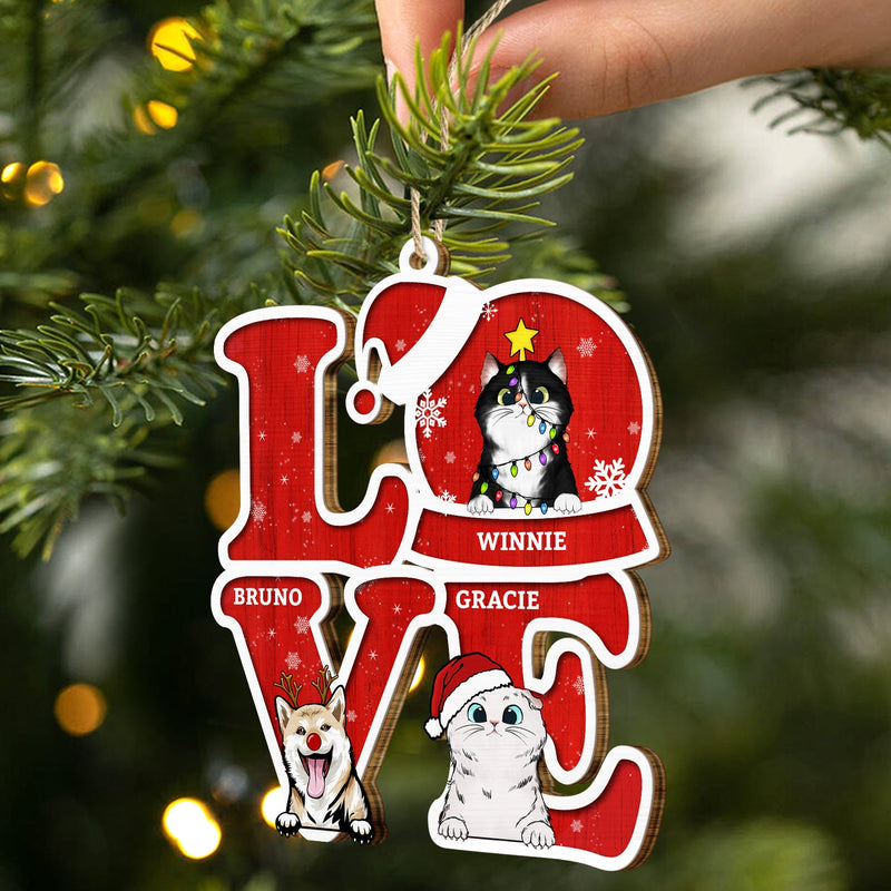 Love Dogs Cats - Christmas Gift For Pet Lovers - Personalized Wooden Cutout Ornament