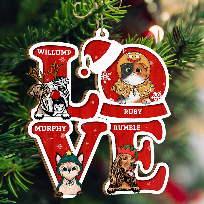 Love Dogs Cats - Christmas Gift For Pet Lovers - Personalized Wooden Cutout Ornament