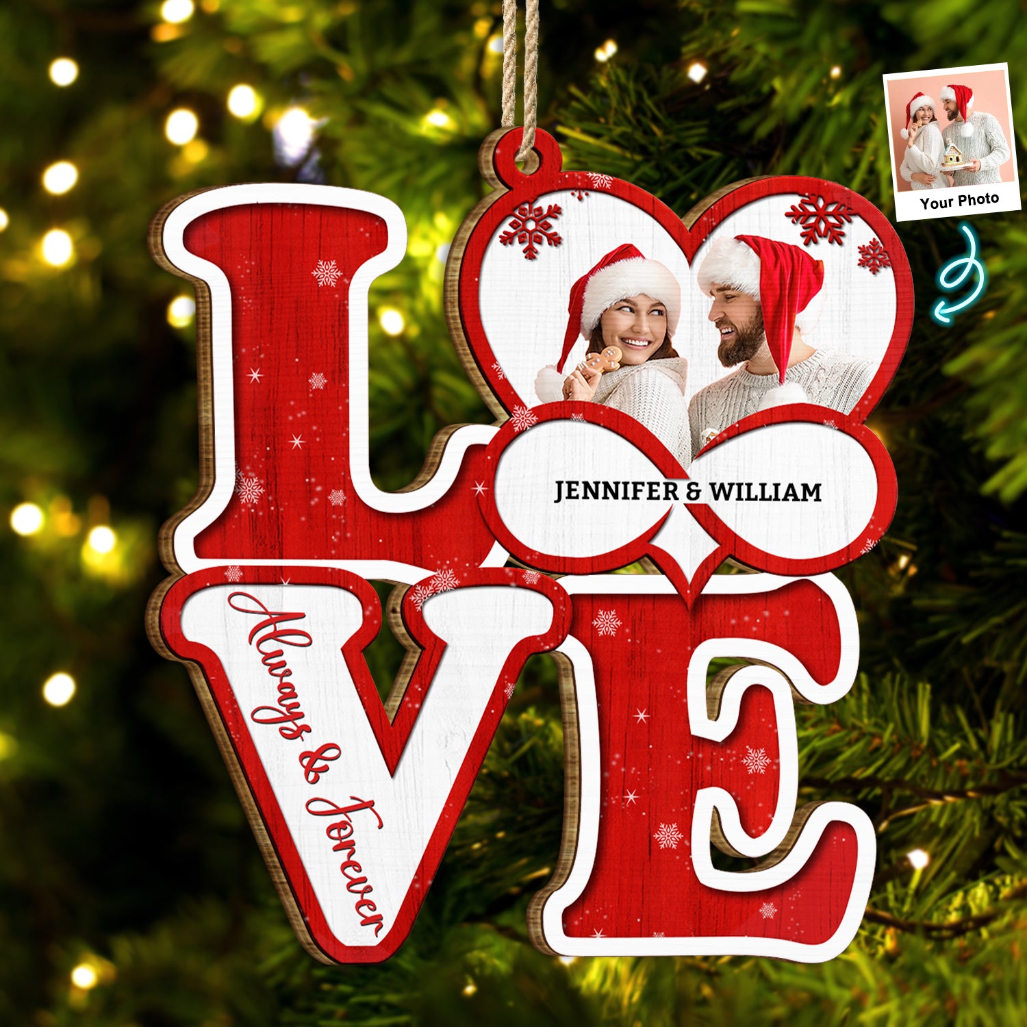 Custom Photo Love Forever - Christmas, Loving Gift For Husband, Wife, Couples - Personalized Custom Shaped Wooden Ornament