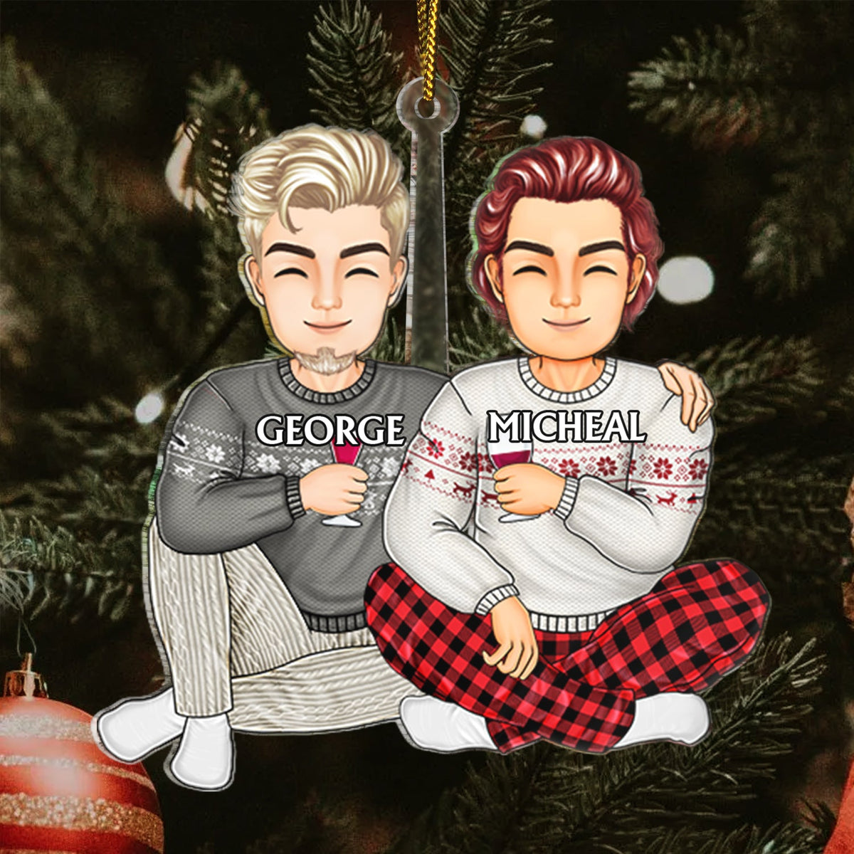 Couple Sitting Drink Together - Christmas Gift For Husband And Wife - Personalized Cutout Acrylic Ornament