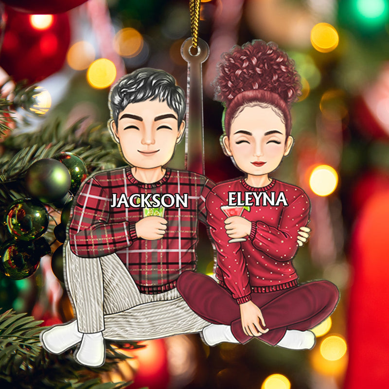 Couple Sitting Drink Together - Christmas Gift For Husband And Wife - Personalized Cutout Acrylic Ornament