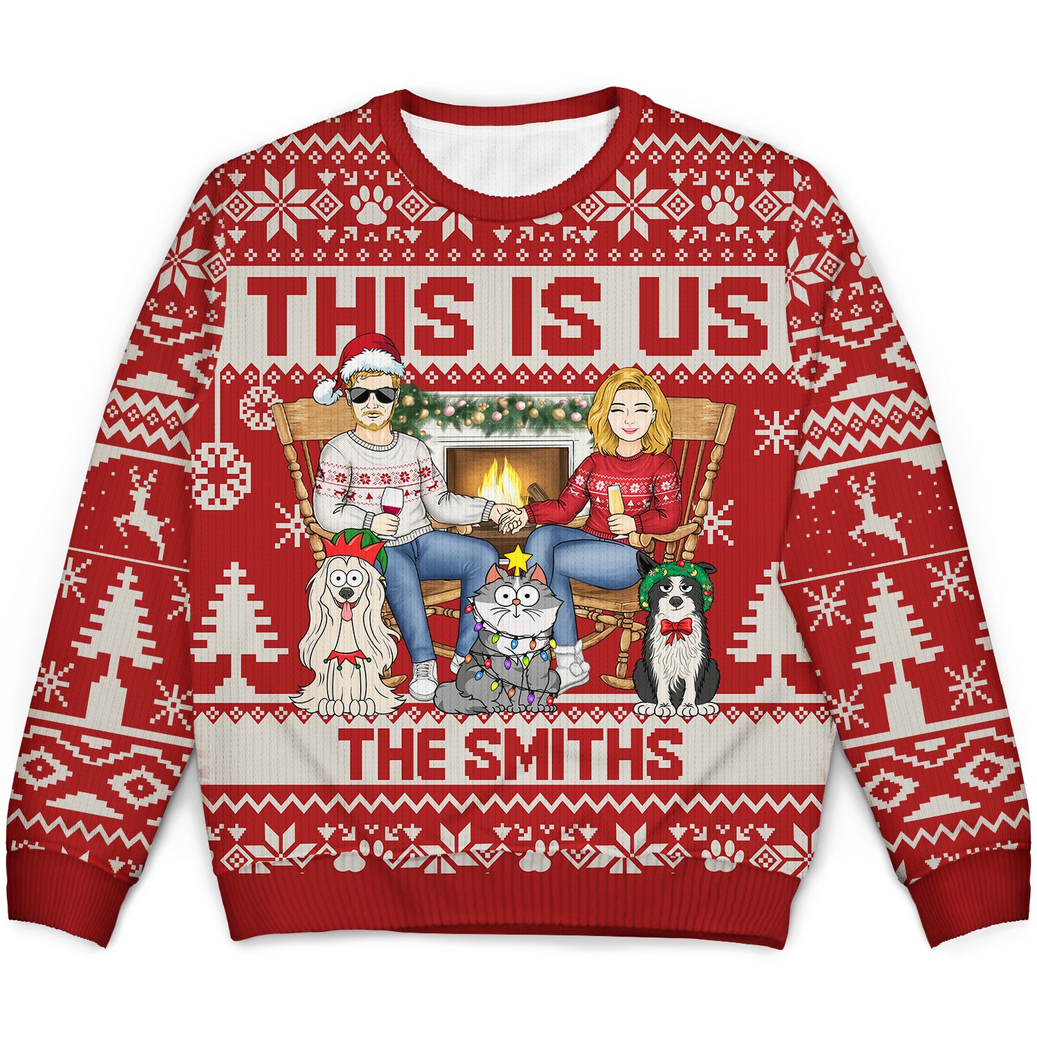 This Is Us Couple And Dogs Cats - Christmas Gift For Pet Lovers And Family - Personalized Unisex Ugly Sweater