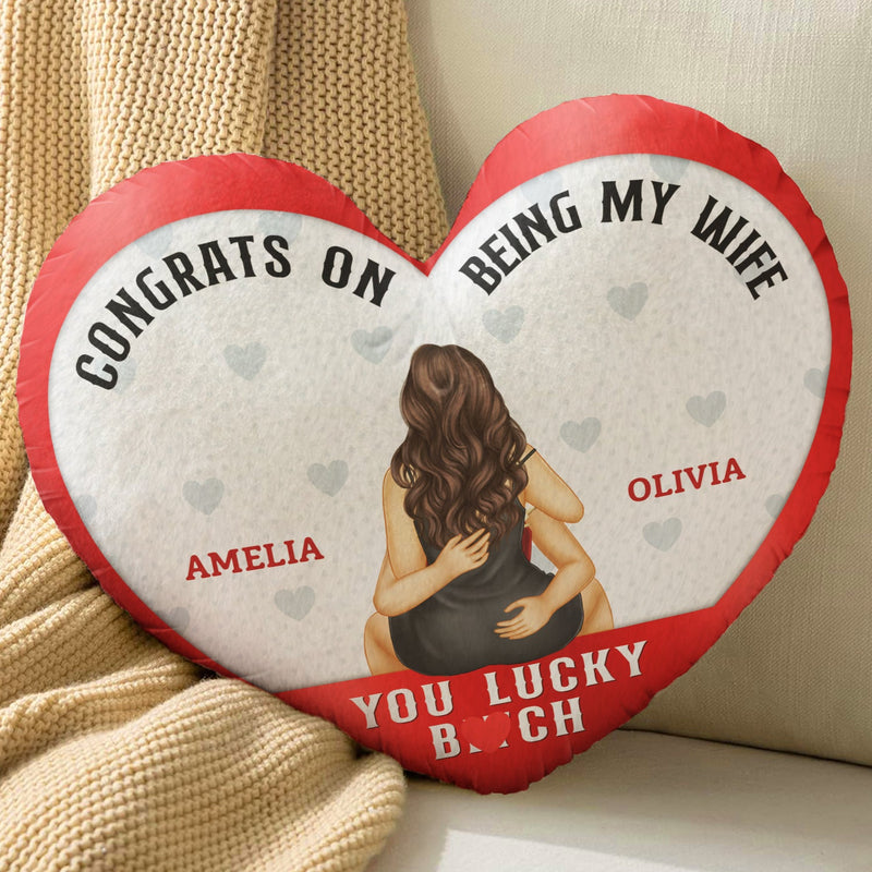 Congrats On Being My Husband - Gift For Couples, Husband And Wife - Personalized Heart Shaped Pillow