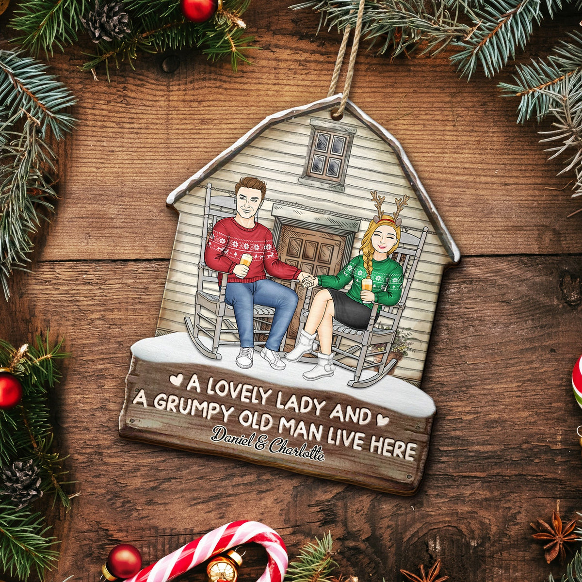 A Lovely Lady And A Grumpy Old Man Live Here - Christmas Gift For Couples - Personalized Custom Shaped Wooden Ornament