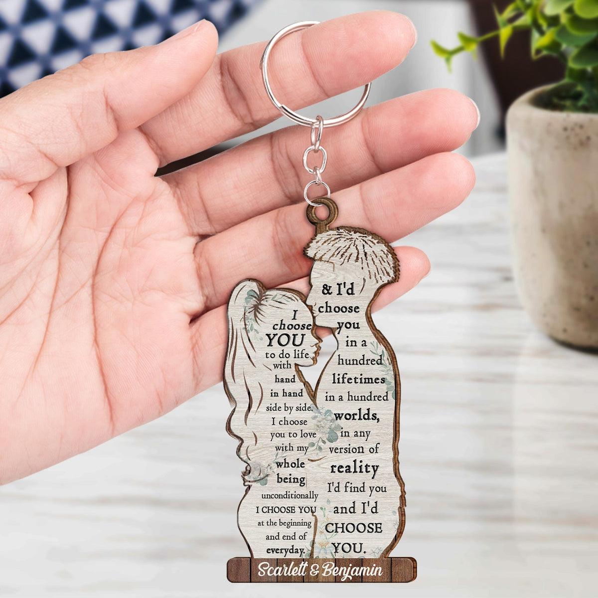 I Choose You - Anniversary Gift For Couples - Personalized Cutout Wooden Keychain
