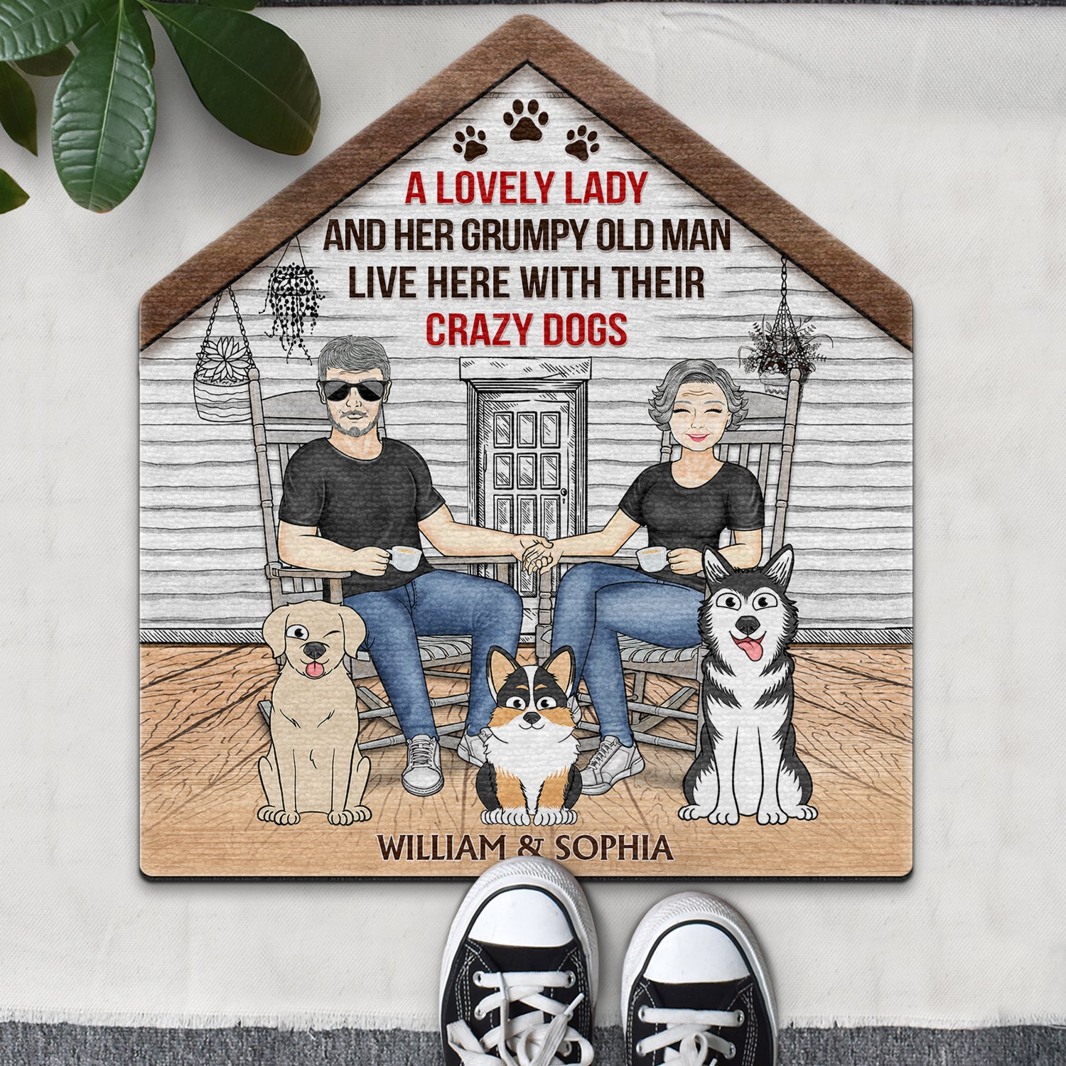 A Lovely Lady And Her Grumpy Old Man Live Here With Their Crazy Dogs - Gift For Couples, Pet Lovers And Family - Personalized Custom Shaped Doormat