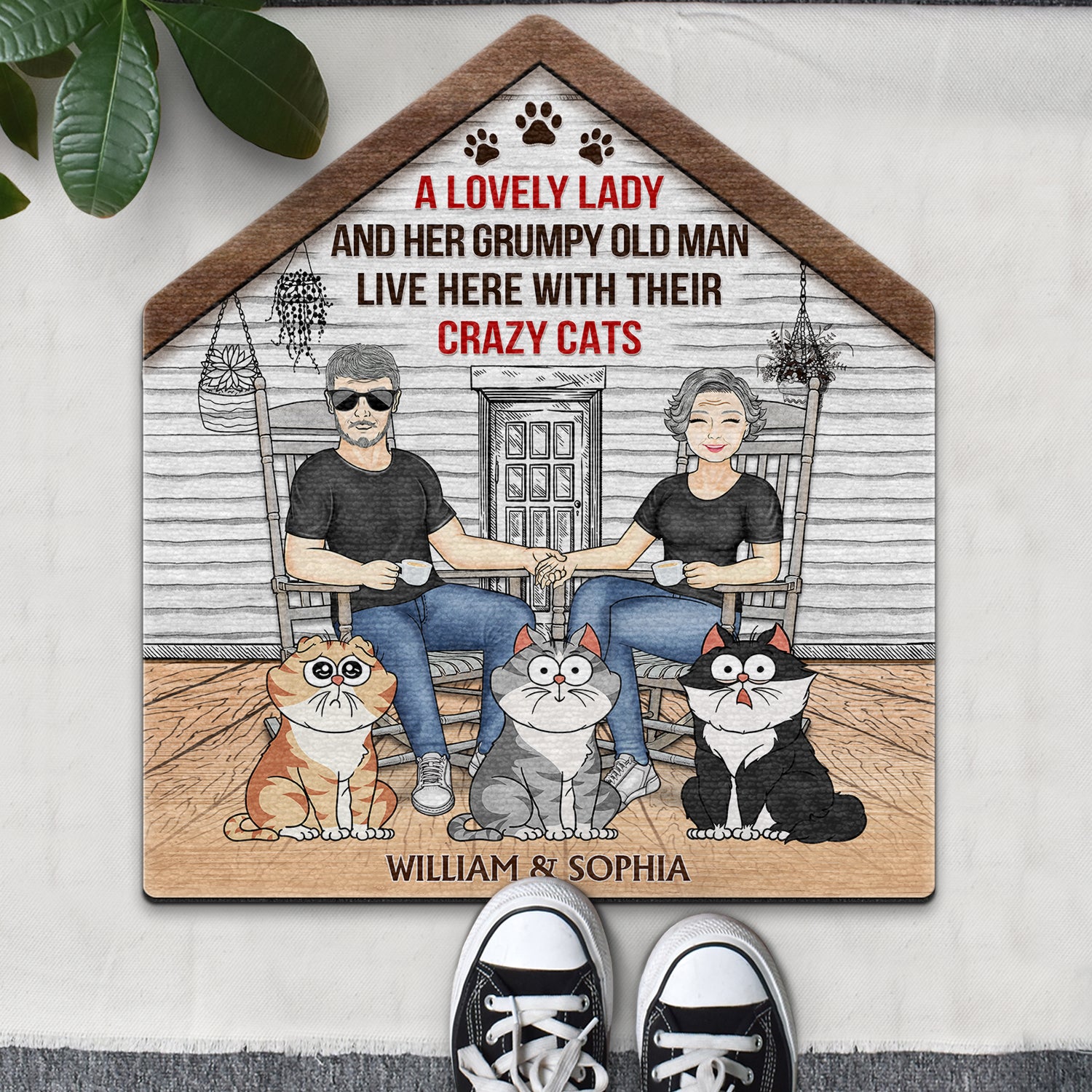 A Lovely Lady And Her Grumpy Old Man Live Here With Their Crazy Cats - Gift For Couples, Pet Lovers And Family - Personalized Custom Shaped Doormat