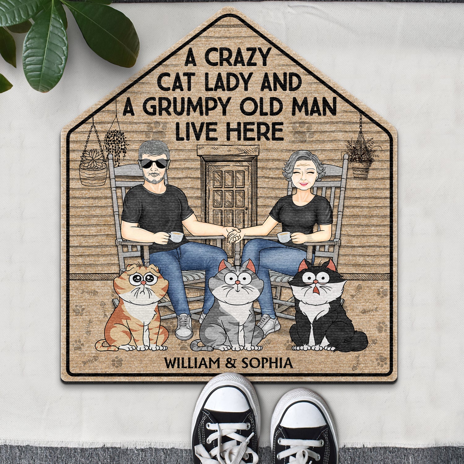 A Crazy Cat Lady And Her Grumpy Old Man Live Here - Gift For Couples, Pet Lovers And Family - Personalized Custom Shaped Doormat