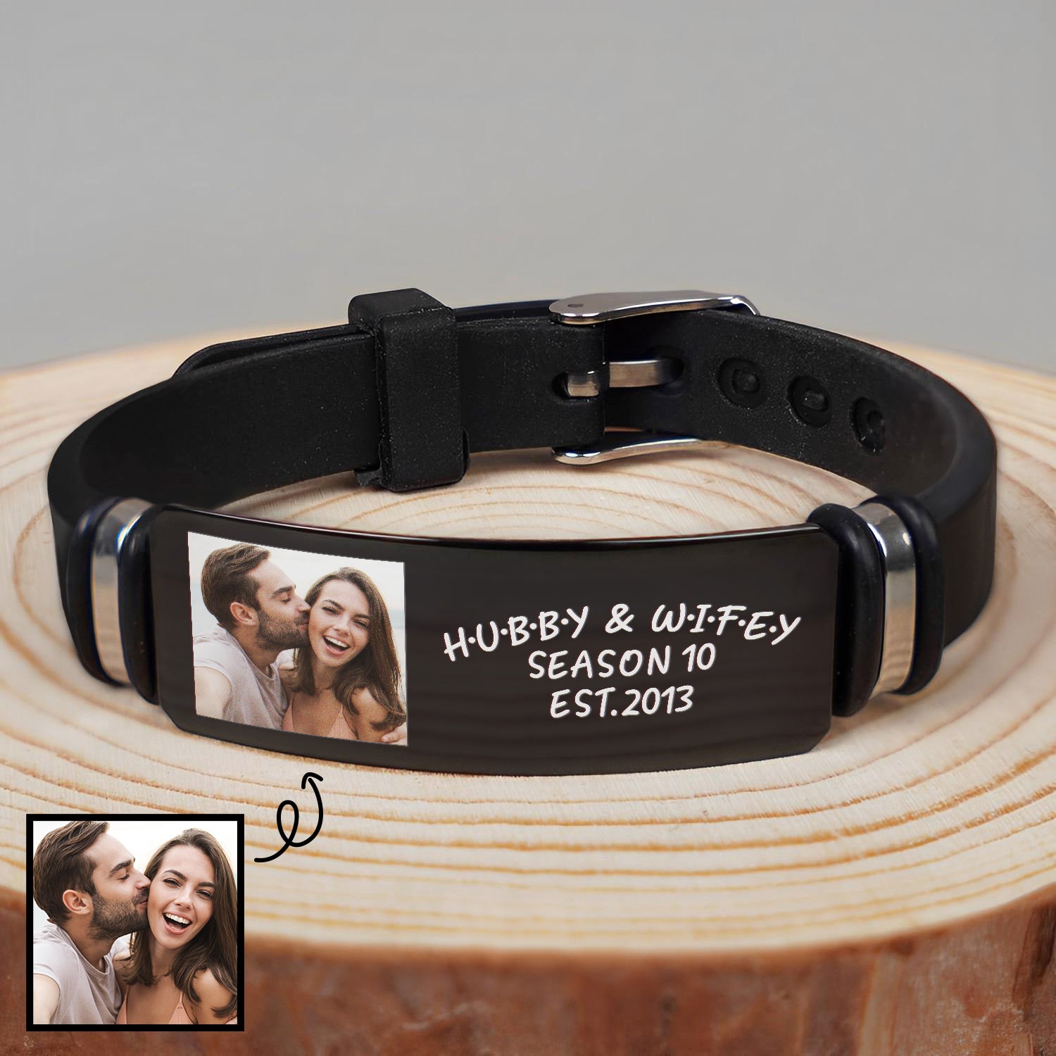 Custom Photo Hubby And Wifey - Birthday, Anniversary Gift For Spouse, Husband, Wife, Couple - Personalized Engraved Bracelet