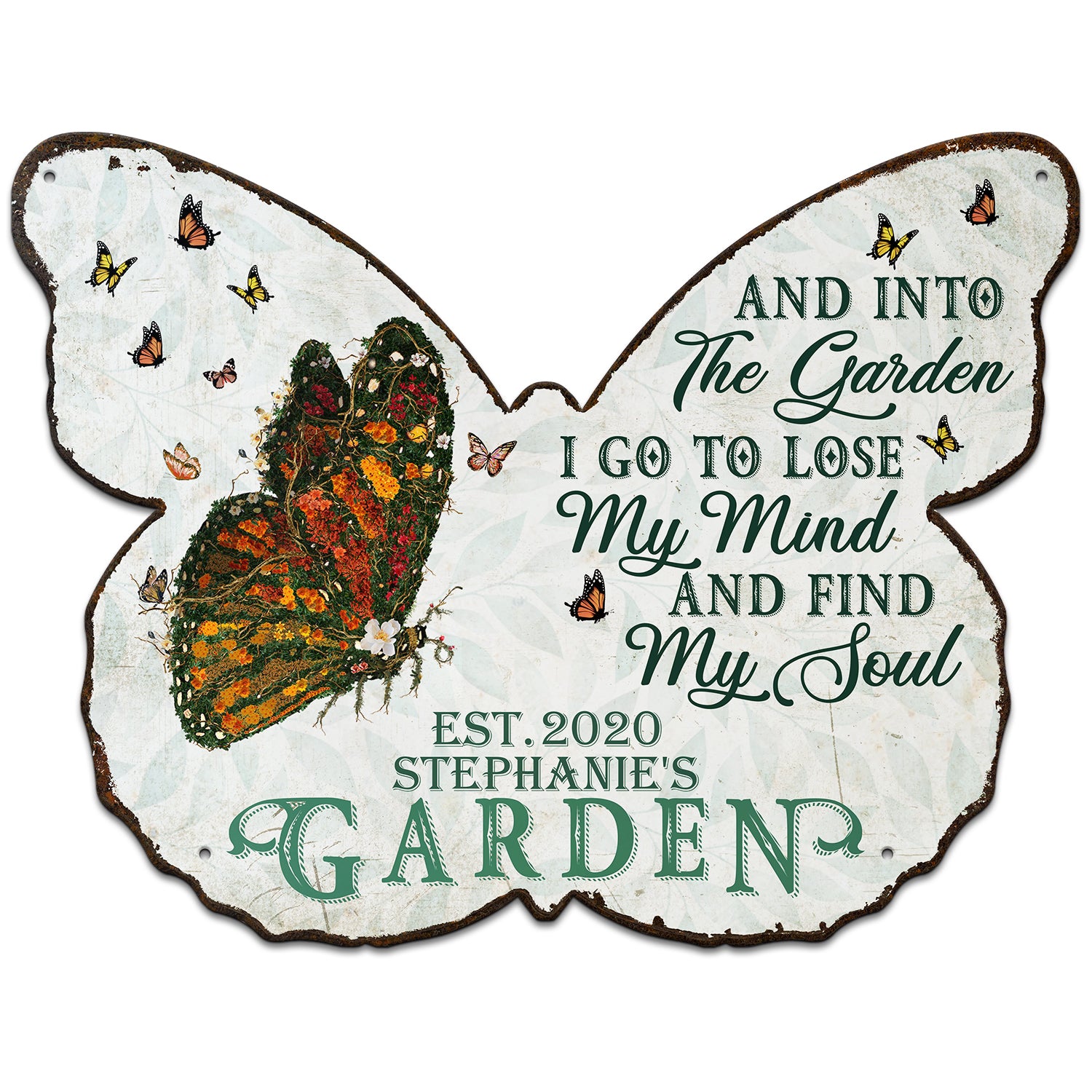 And Find My Soul Garden Floral Art - Gift For Gardening Lovers, Gardeners - Personalized Butterfly Shaped Metal Sign