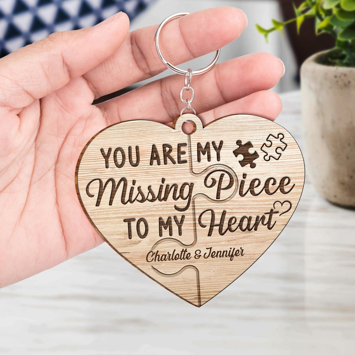 Custom Photo You Are My Missing Piece To My Heart - Anniversary Gift For Couples - Personalized Wooden Keychain
