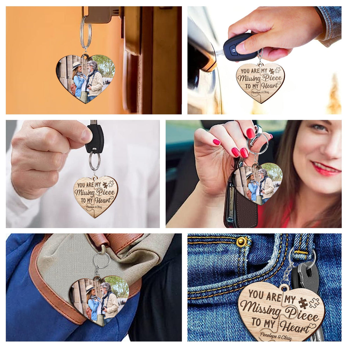 Custom Photo You Are My Missing Piece To My Heart - Anniversary Gift For Couples - Personalized Wooden Keychain