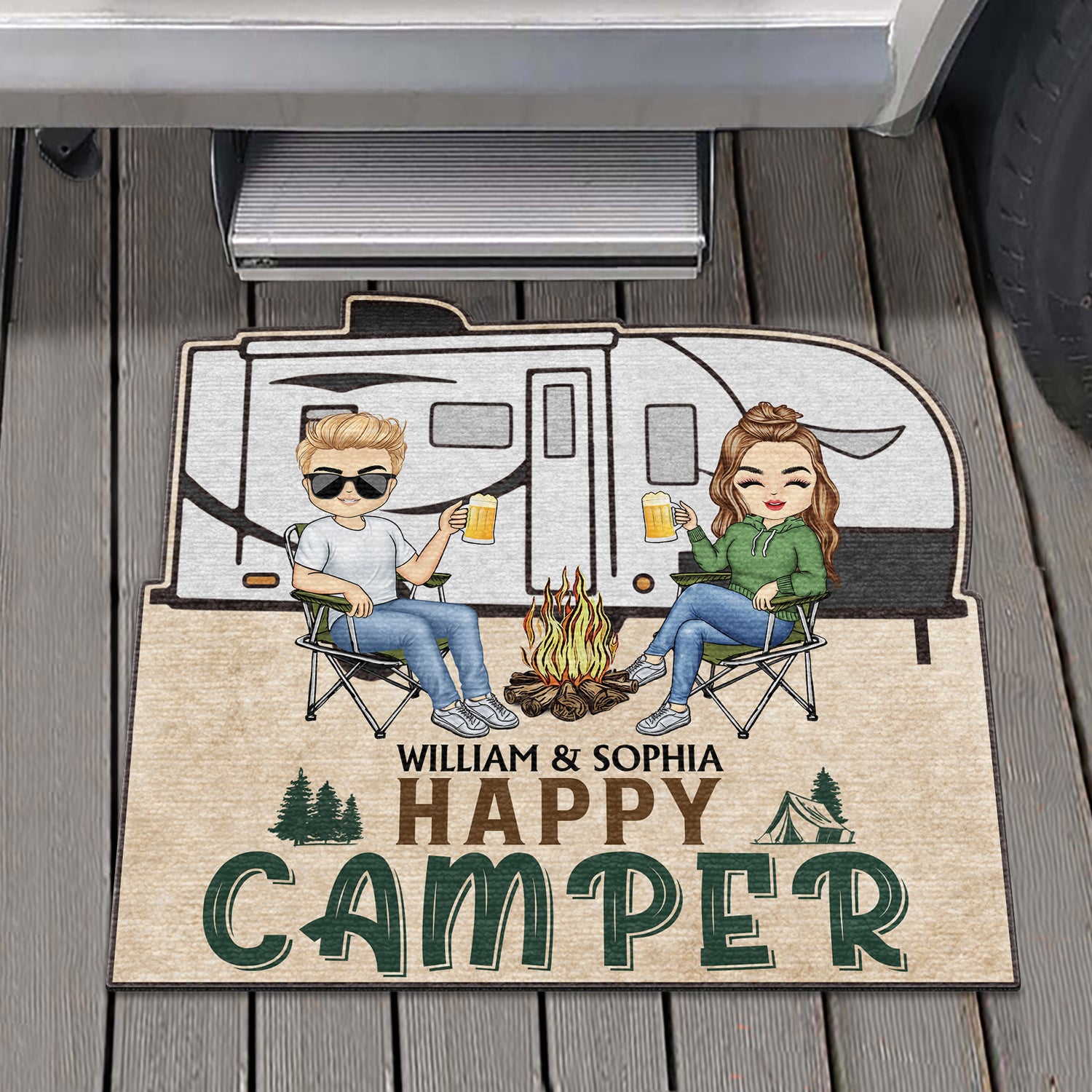 Happy Camper - Gift For Camping Couples - Personalized Custom Shaped Doormat