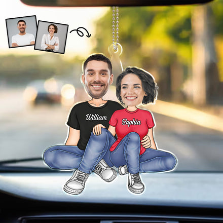 Photo personnalisée de couple assis ensemble - Cadeau d'anniversaire pour couples - Support de voiture en acrylique personnalisé