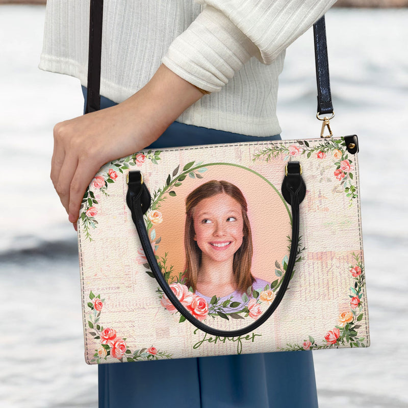 Custom Photo Floral Monogram - Gift For Her - Personalized Leather Bag