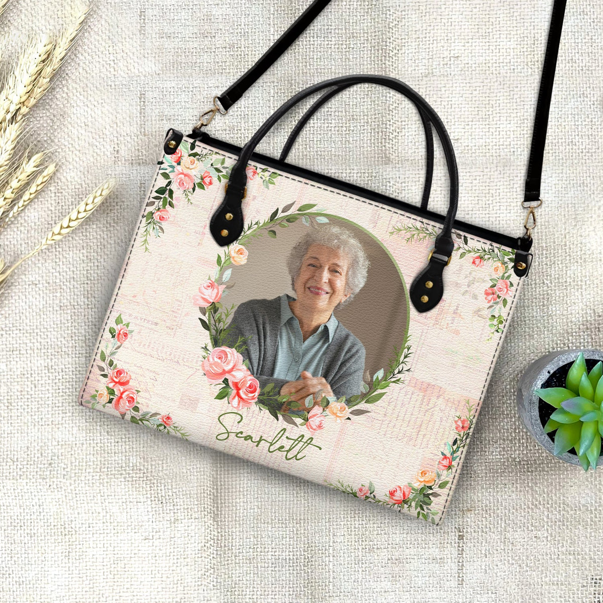 Custom Photo Floral Monogram - Gift For Her - Personalized Leather Bag