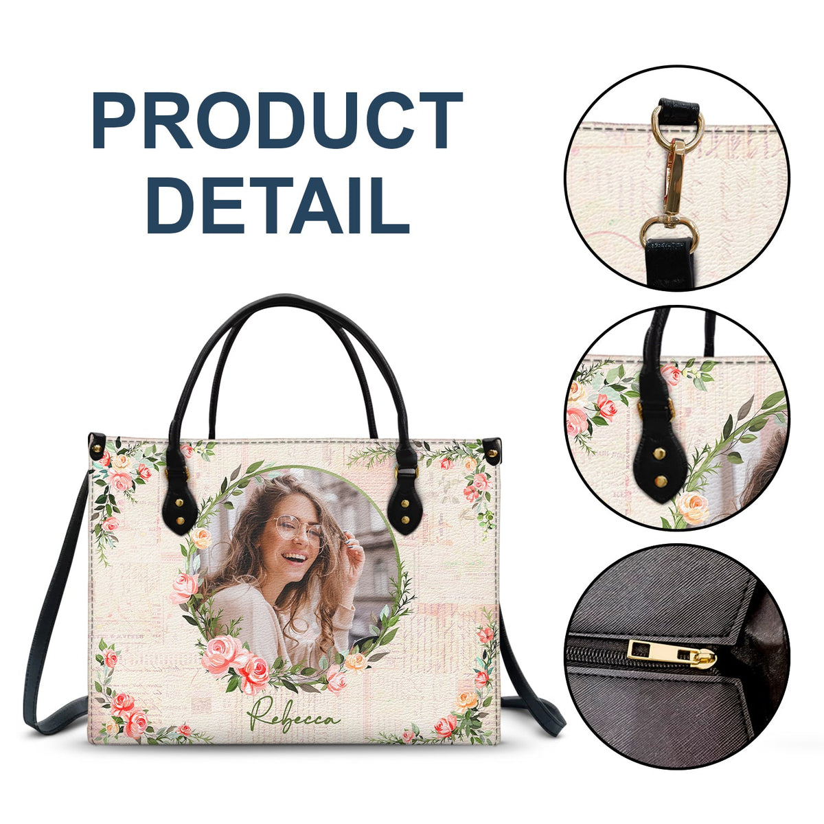 Monogramme floral photo personnalisé - Cadeau pour elle - Sac en cuir personnalisé