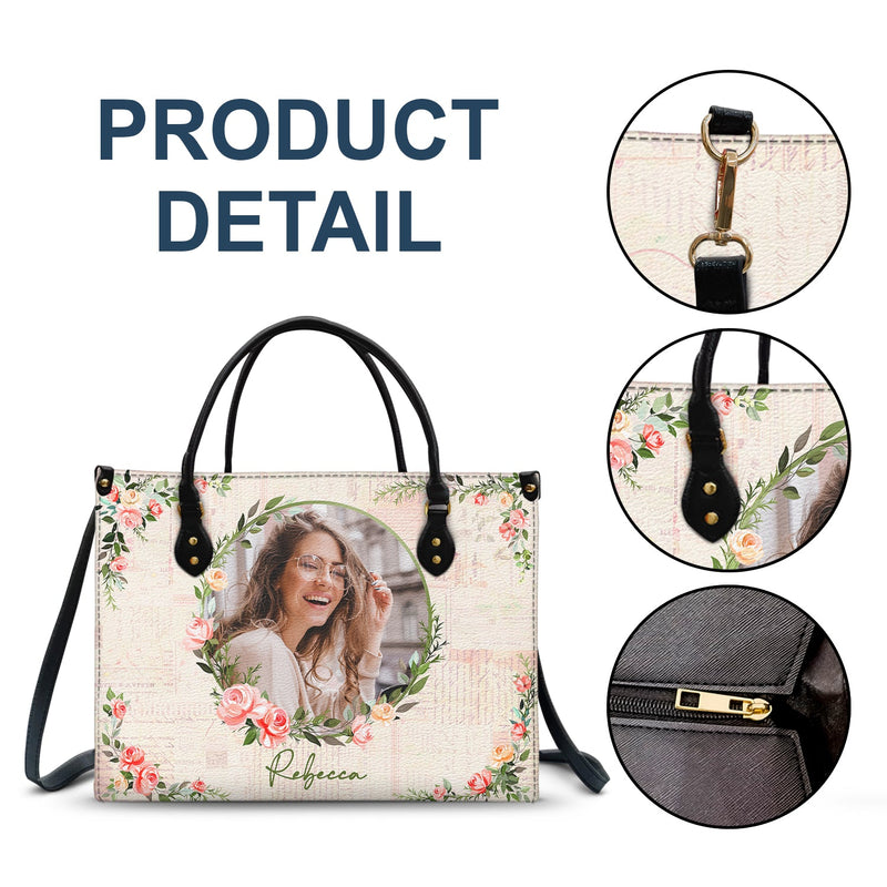Custom Photo Floral Monogram - Gift For Her - Personalized Leather Bag
