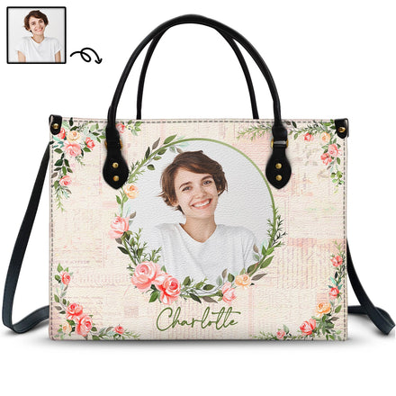 Monogramme floral photo personnalisé - Cadeau pour elle - Sac en cuir personnalisé