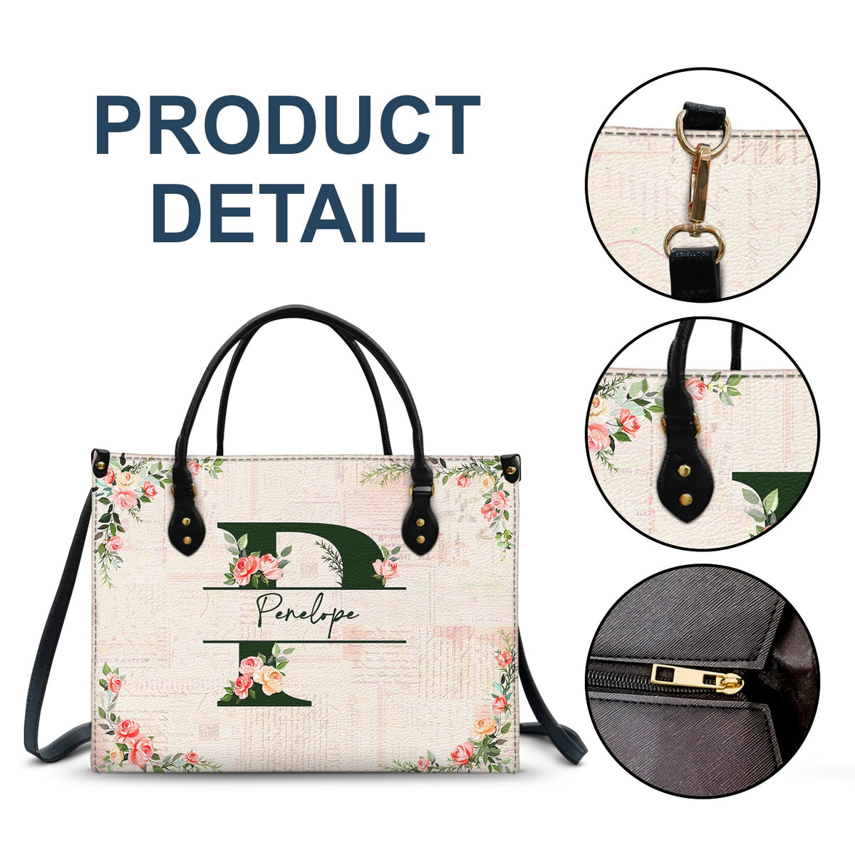 Floral Monogram Name - Gift For Her - Personalized Leather Bag