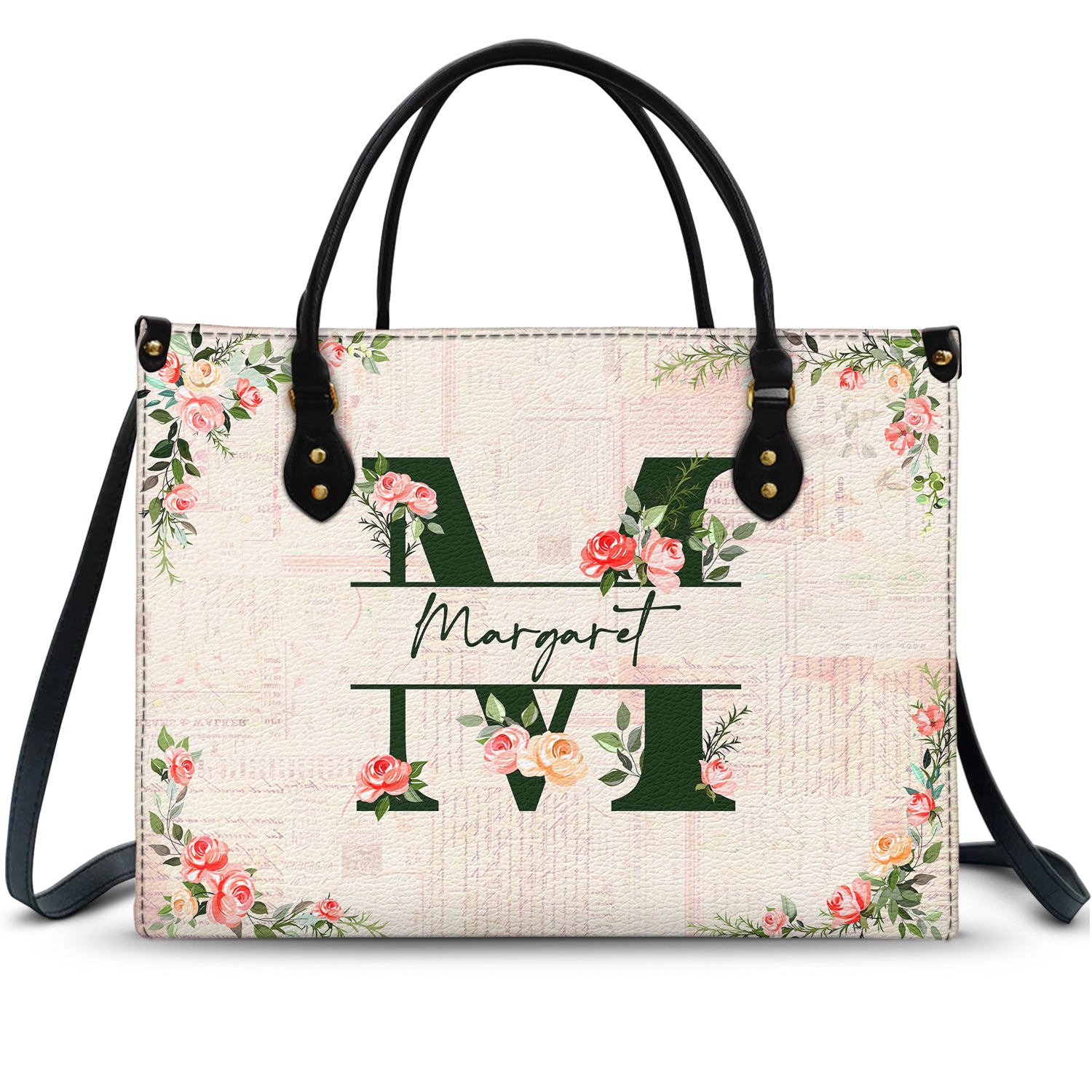 Floral Monogram Name - Gift For Her - Personalized Leather Bag