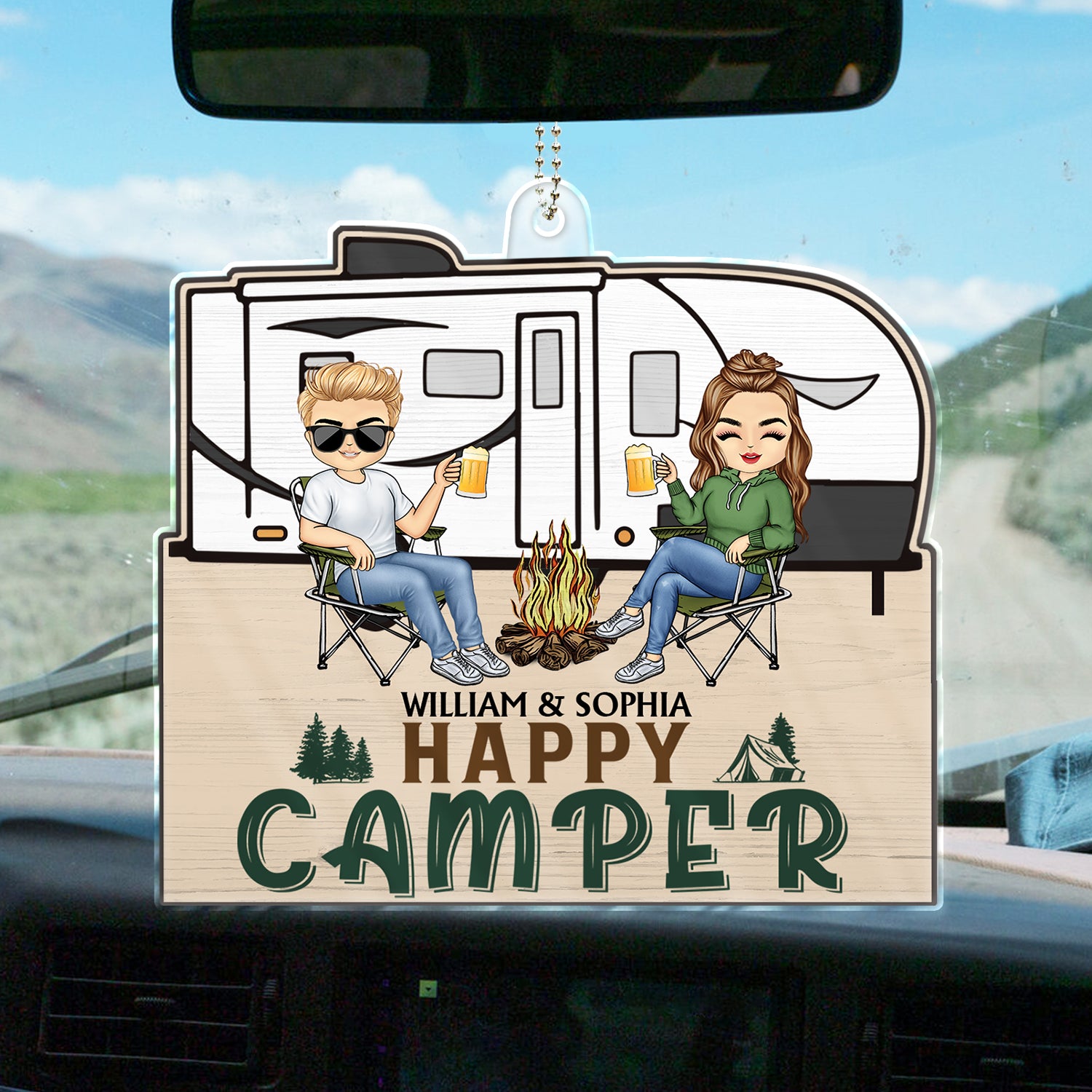 Happy Camper - Gift For Camping Couples - Personalized Acrylic Car Hanger