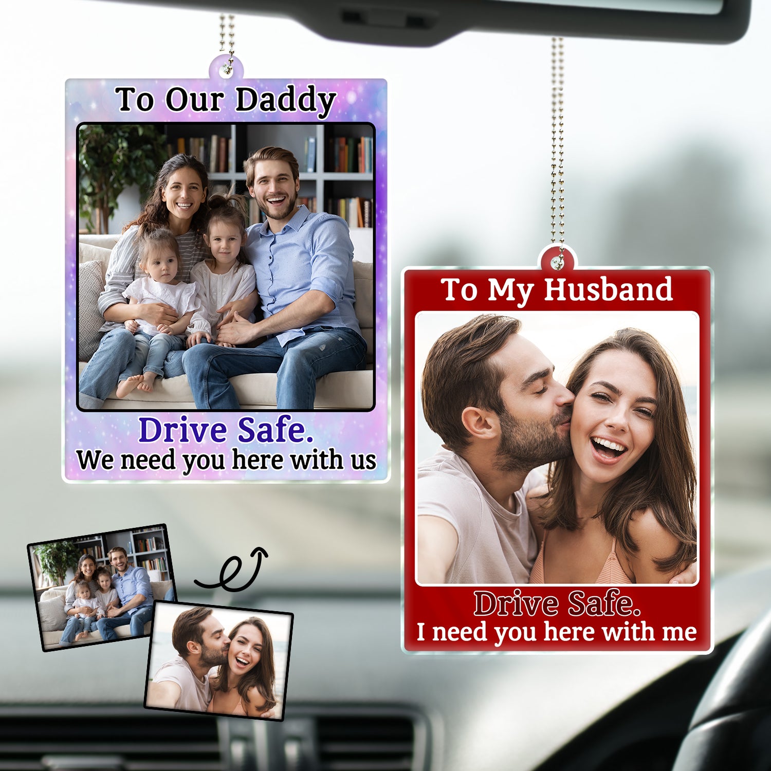 Custom Photo Drive Safe I Need You Here With Me - Gift For Boyfriends, Husbands, Couples - Personalized Acrylic Car Hanger
