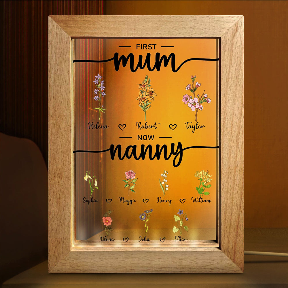 Lampe à cadre personnalisée « First Mama Now Nanny Flowers » - Cadeau pour grand-mère, grand-mère, grand-mère