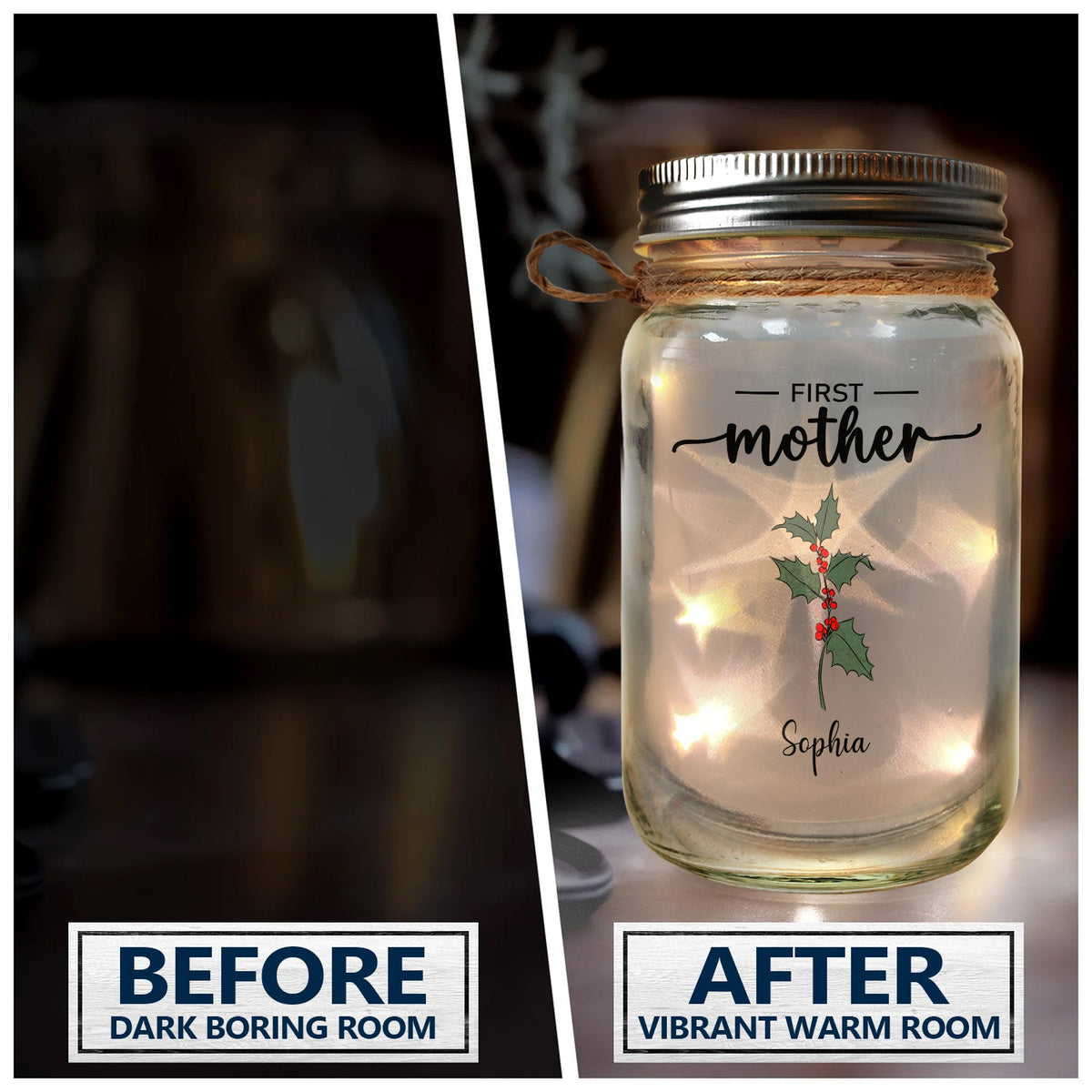 First Mama Now Nanny Flowers - Gift For Grandma, Nana, Granny - Personalized Mason Jar Light