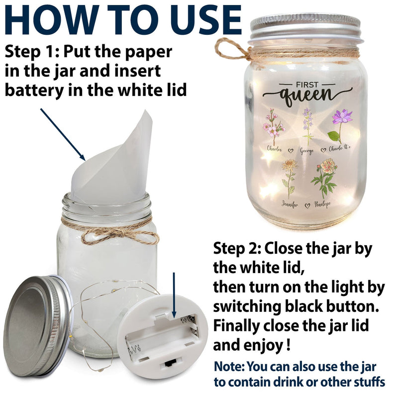 First Mama Now Nanny Flowers - Gift For Grandma, Nana, Granny - Personalized Mason Jar Light